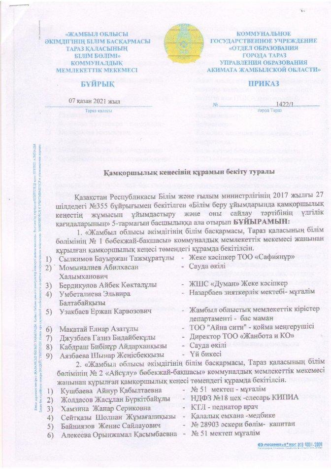 Қамқоршылық кеңесі құрамын бекіту туарлы